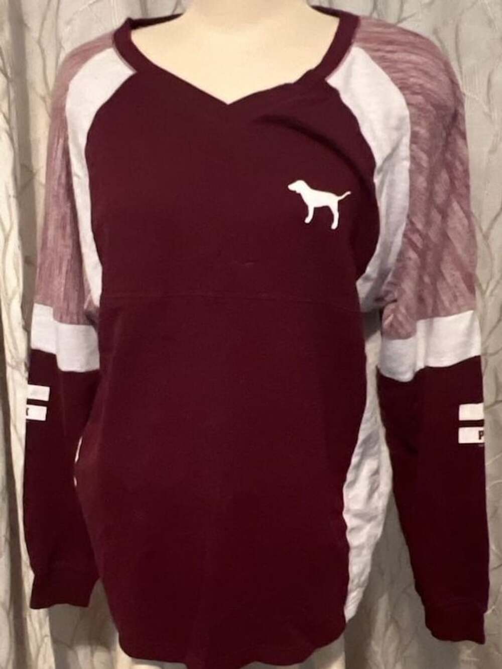 Victoria's Secret PINK Campus Long Sleeve Shirt Size L Burgundy White